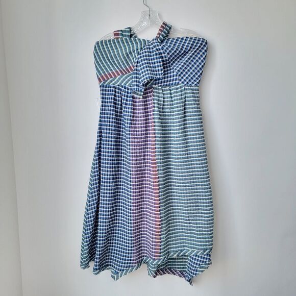 ANTHROPOLOGIE MAEVE One Shoulder Gingham Waverly Dress Blue Motif Size 8 - Picture 3 of 12